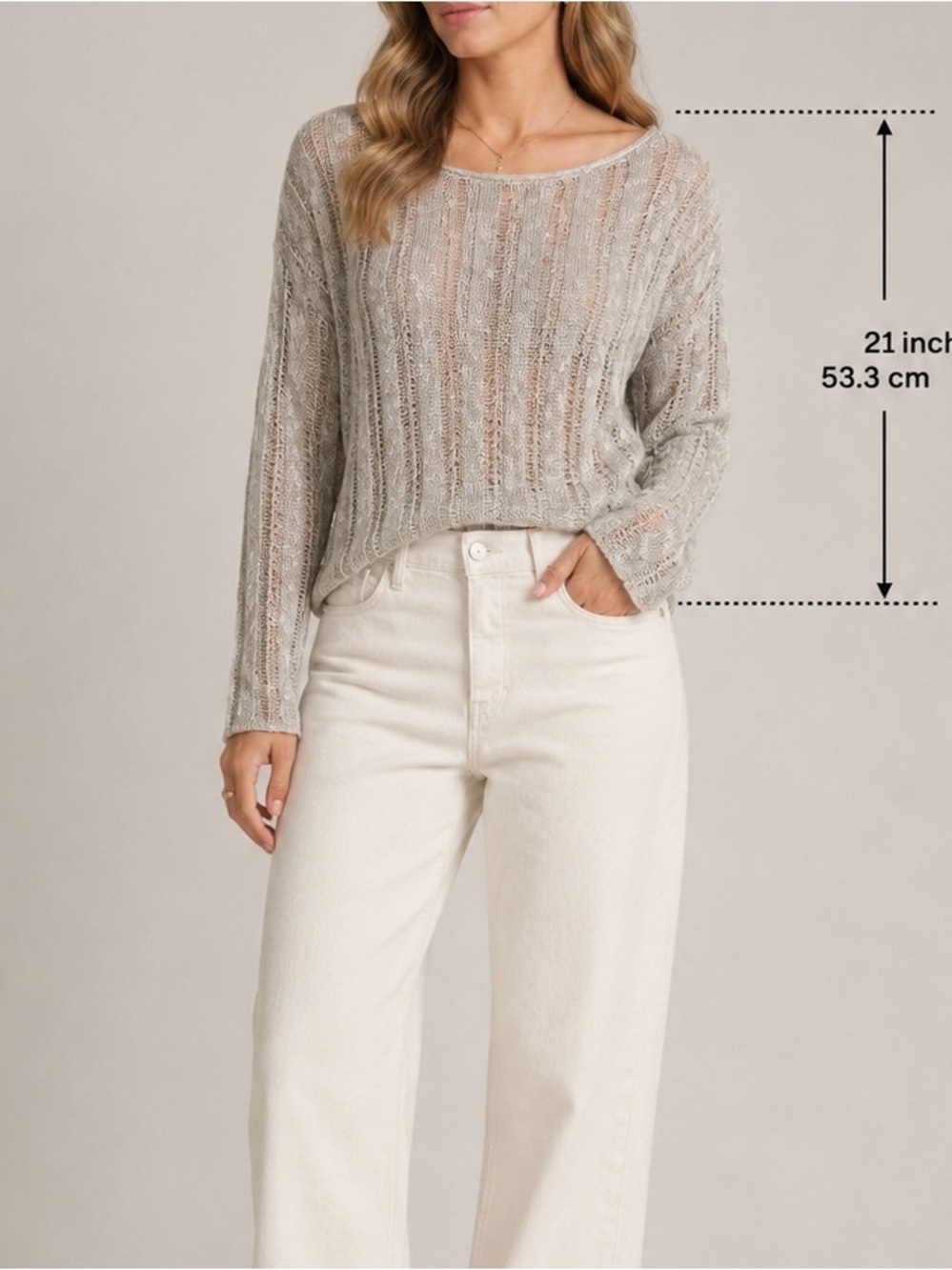 Eileen Fisher Light Gray Sheer Ribbed Knit Scoop Neck Sweater